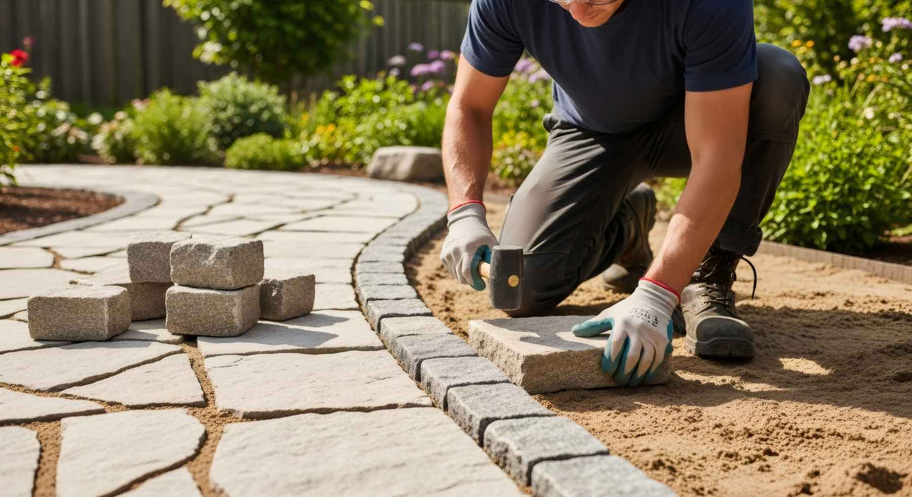 Mann verlegt Pflastersteine im Garten