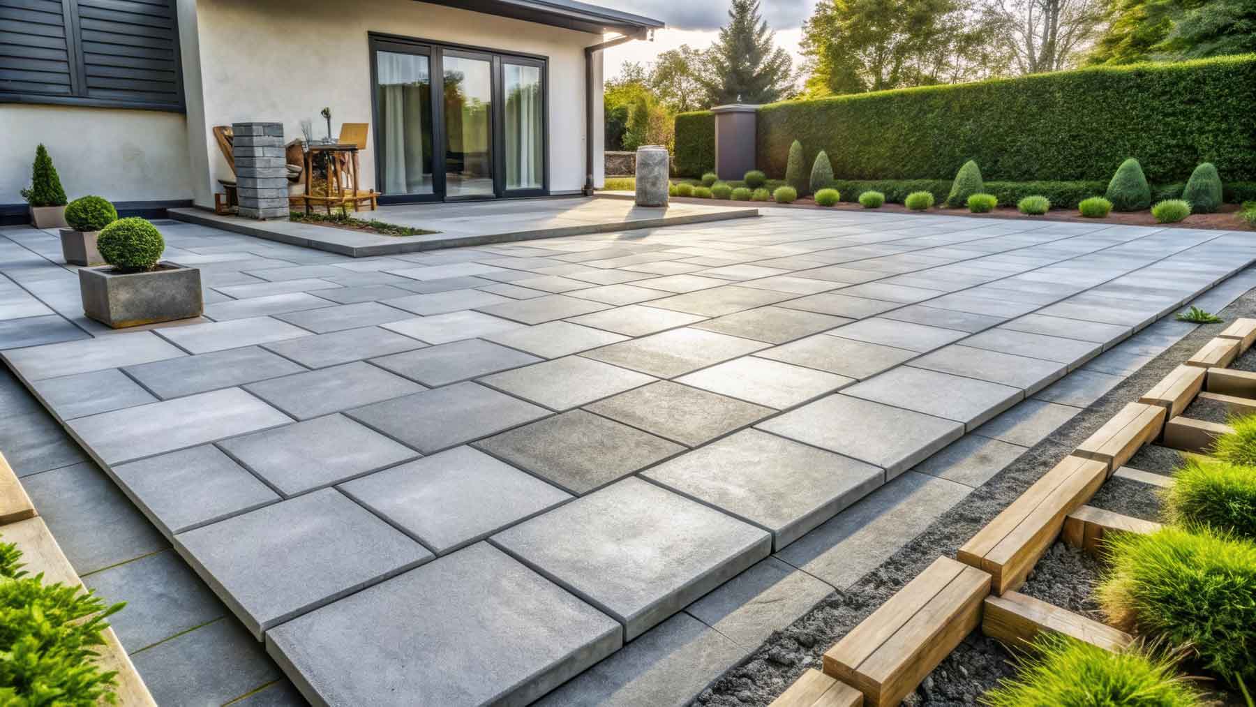 Moderne Terrasse mit grauen Platten