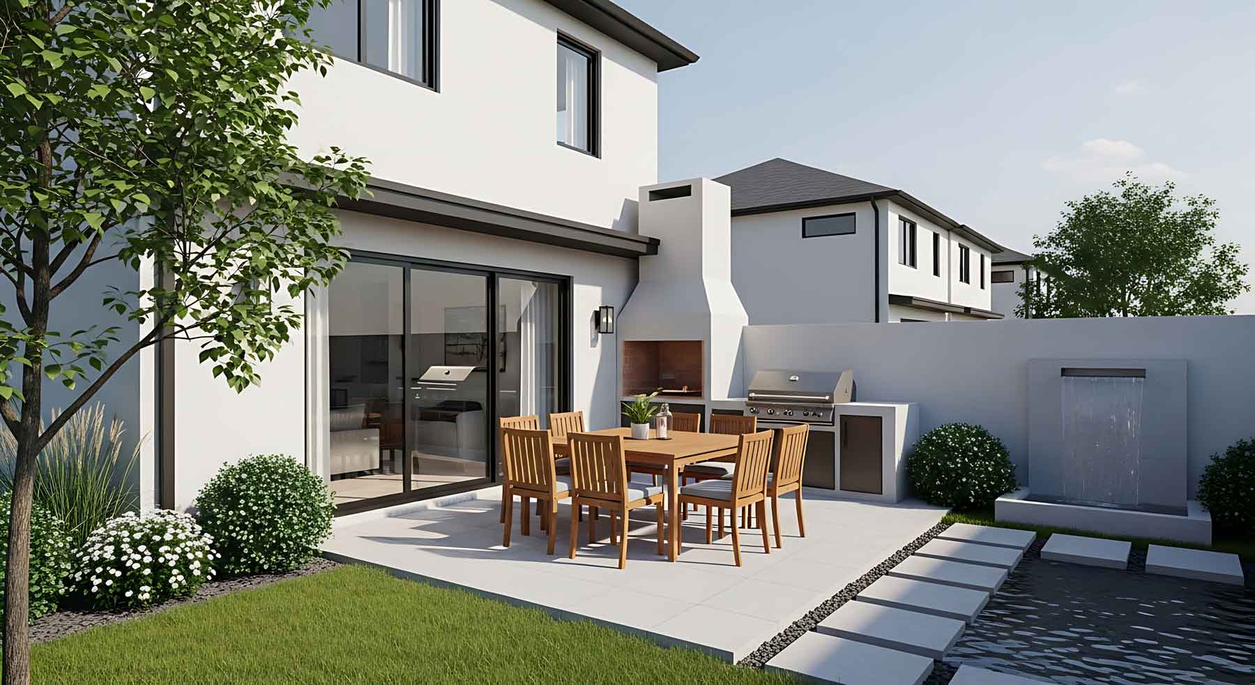 Moderne Terrasse mit Grill und Möbeln