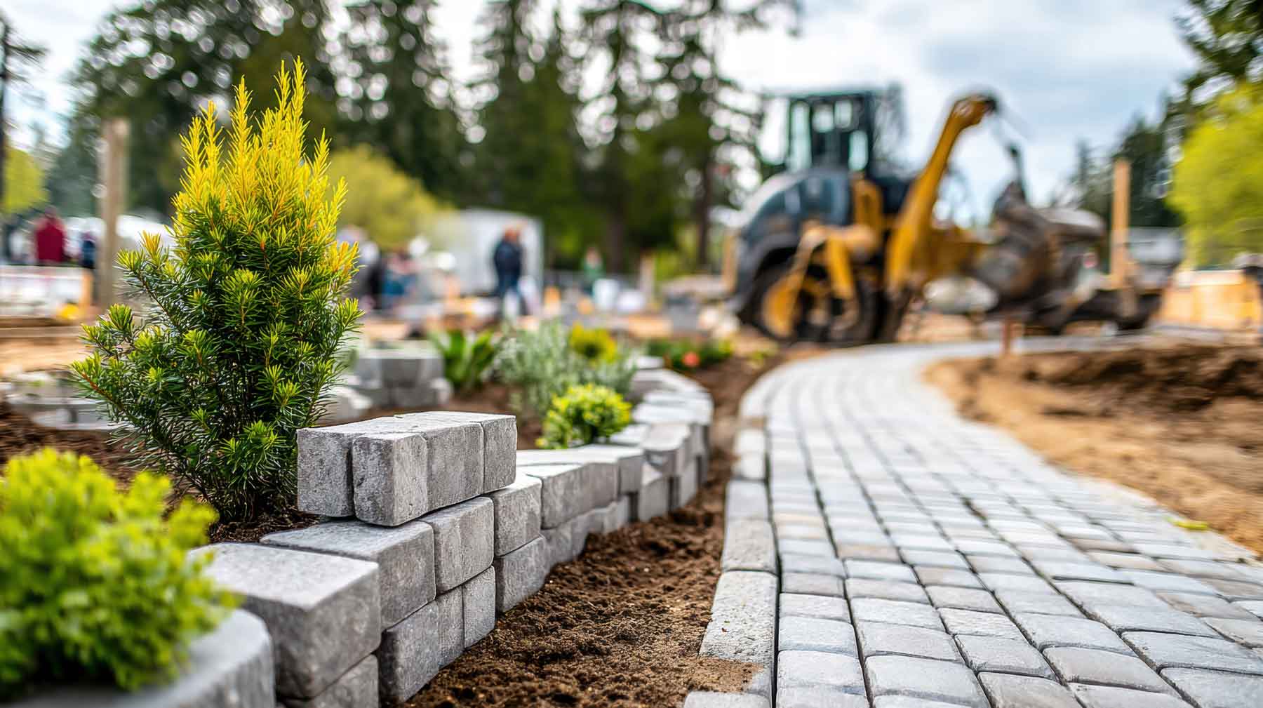 Gartenbau mit Pflastersteinen und Pflanzen